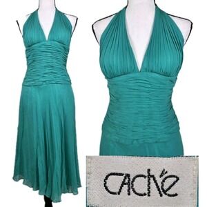 Vtg Y2K Caché Silk Halter Midi Dress Sz 8 Teal Ruched Whimsical Fairy Prom 3074